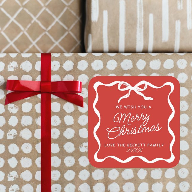Coquette Curvy Ribbon & Bow Retro Merry Christmas Square Sticker (Creator Uploaded)
