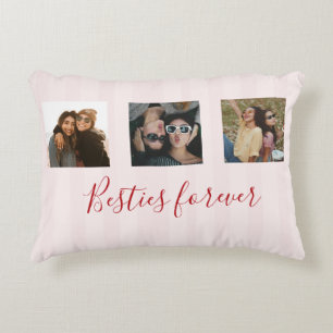 coquette Custom Besties Photos Collage Pink Stripe Decorative Cushion
