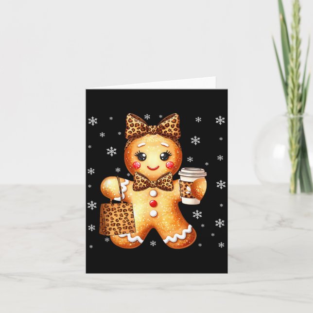 Coquette Cute Gingerbread Leopard Bow Christmas Gi Card (Front)