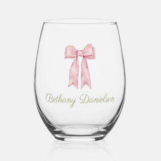 Coquette Cute Watercolor Pink Bow Personalised Stemless Wine Glass