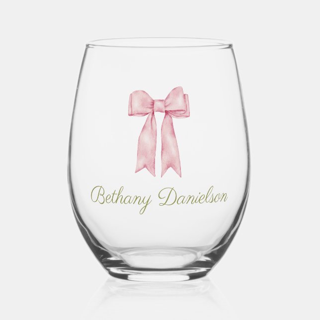Coquette Cute Watercolor Pink Bow Personalised  Stemless Wine Glass (Front)