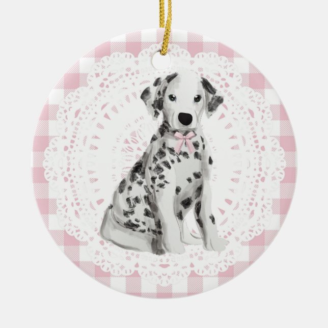 Coquette Dalmation Dog Pink Gingham Bows Ceramic Tree Decoration (Front)
