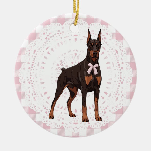 Coquette Doberman Pinscher Pink Gingham Bows Ceramic Tree Decoration (Front)