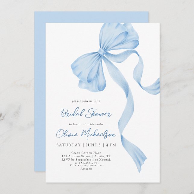 Coquette Dusty Blue Bow Ribbon Bridal Shower Invitation (Front/Back)