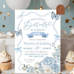 Coquette Dusty Blue Floral Butterfly Birthday Invitation
