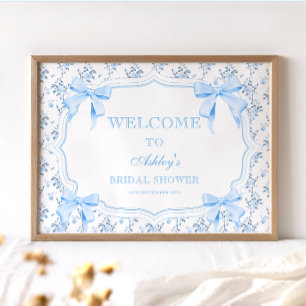 Coquette Elegant Blue Bow Bridal Shower Welcome Poster