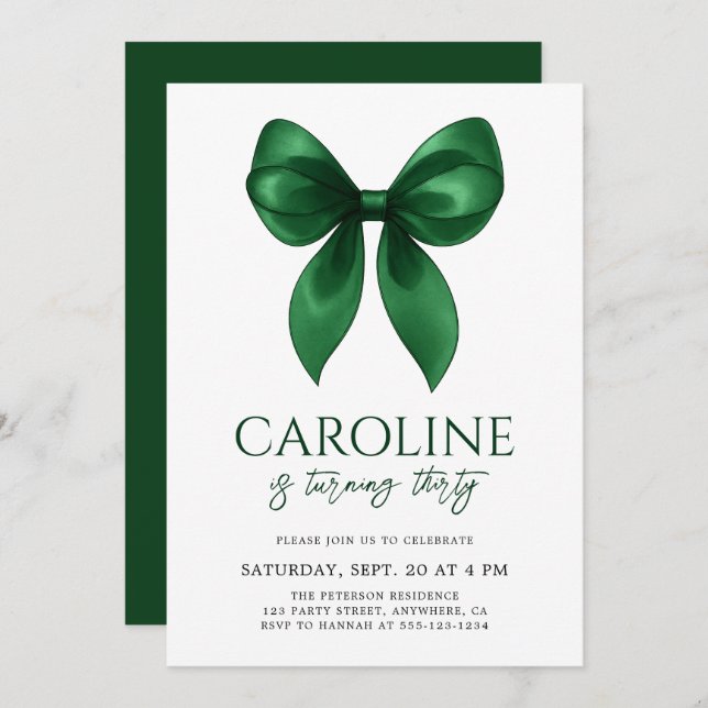 Coquette Elegant Emerald Bow Adult Birthday Party Invitation (Front/Back)