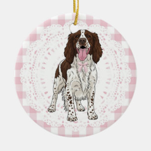 Coquette English Spaniel Dog Pink Gingham Bows Ceramic Tree Decoration