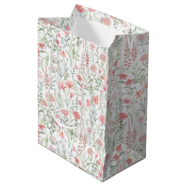 Coquette Feminine Pink Wildflower Meadow Medium Gift Bag (Front Angled)