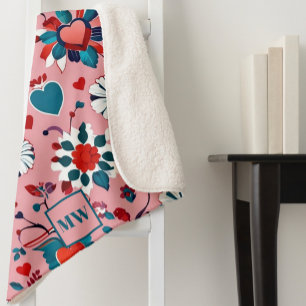 Coquette, floral and heart motif monogram sherpa blanket