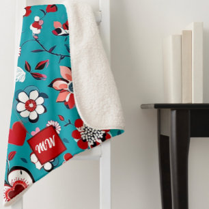 Coquette, floral and heart teal red monogram sherpa blanket
