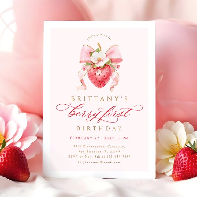 Coquette Floral Berry First Birthday Invitation (Creator Uploaded)