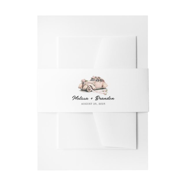 Coquette Floral Blush Pink Retro Car Wedding Invitation Belly Band (Front Example)