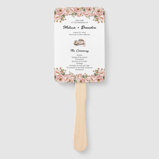 Coquette Floral Blush Pink Wedding Program Hand Fan (Front)