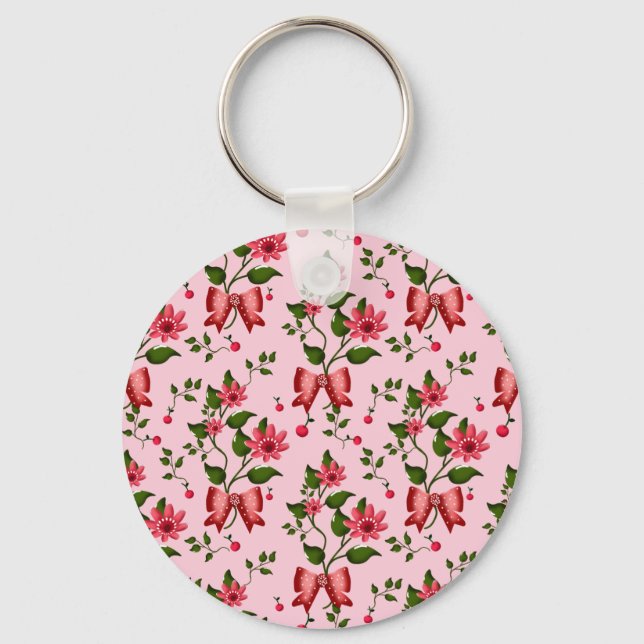  Coquette  floral Bow Pattern Wallpaper Key Ring (Front)