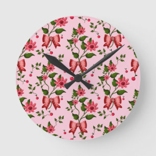  Coquette  floral Bow Pattern Wallpaper Round Clock