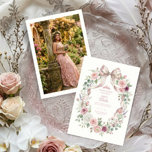 Coquette Floral Bow Quinceañera Back Photo Save The Date
