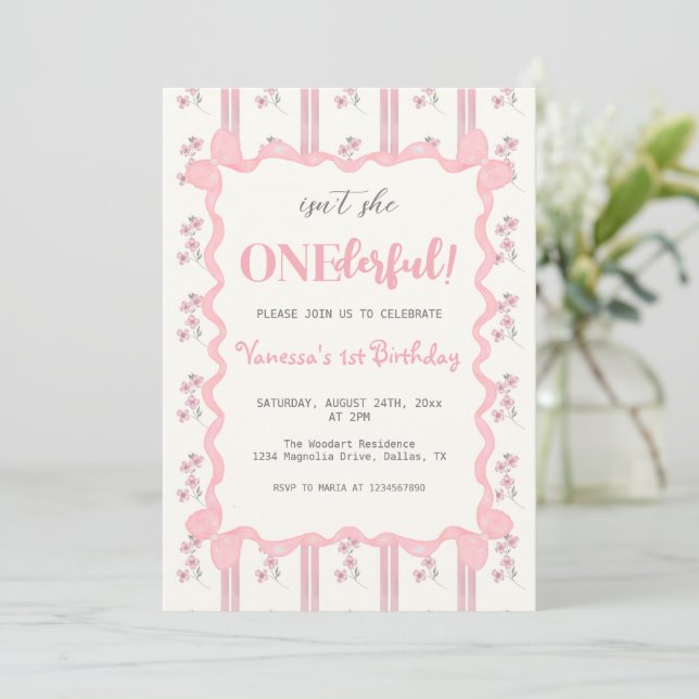 Coquette Floral Pink Bow Girl First Birthday Invitation (Standing Front)