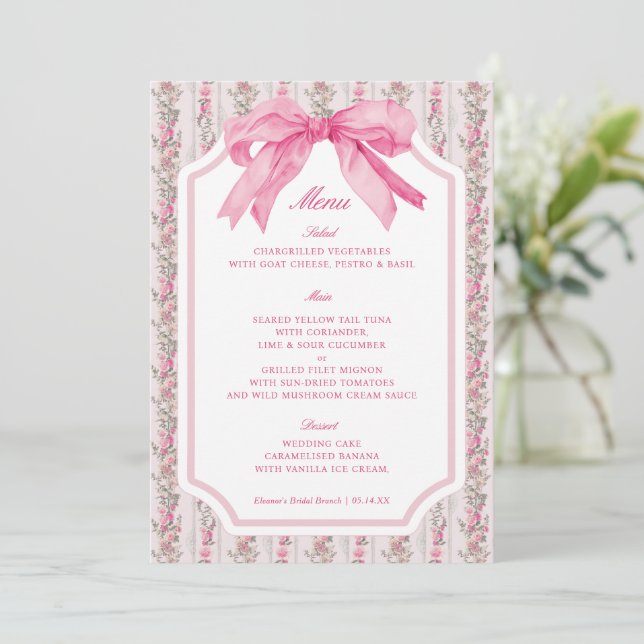 Coquette Floral Pink Bow Party Table Menu Invitation (Standing Front)