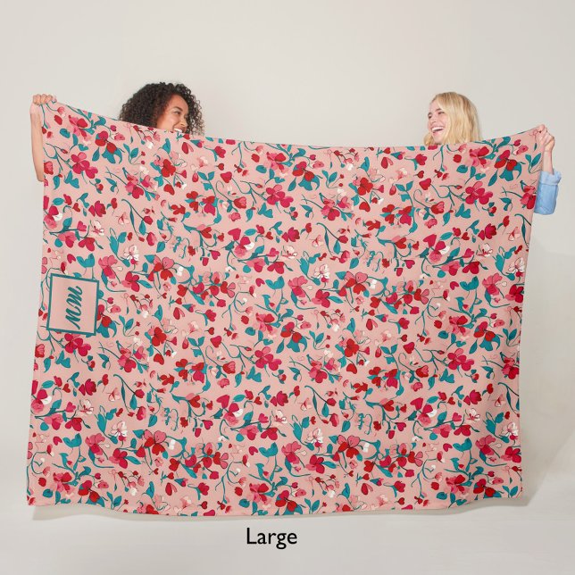 Coquette floral red pink and teal monogram fleece blanket (Creator Uploaded)