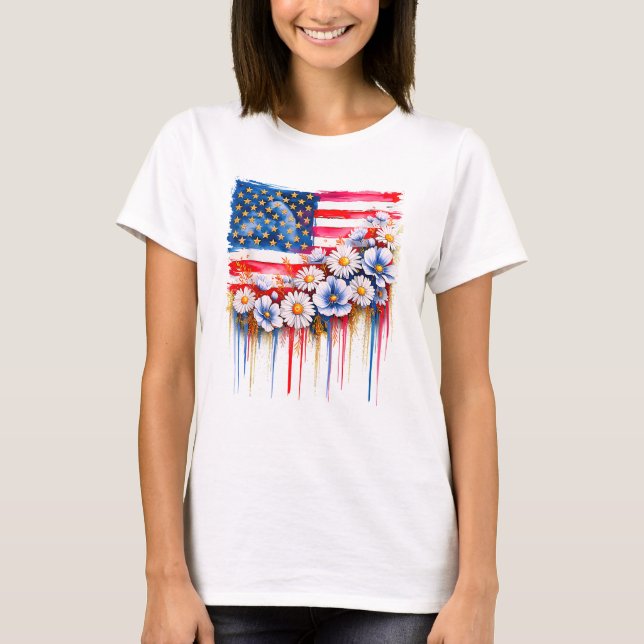 Coquette Flower USA Patriotic American Flag T-Shirt (Front)