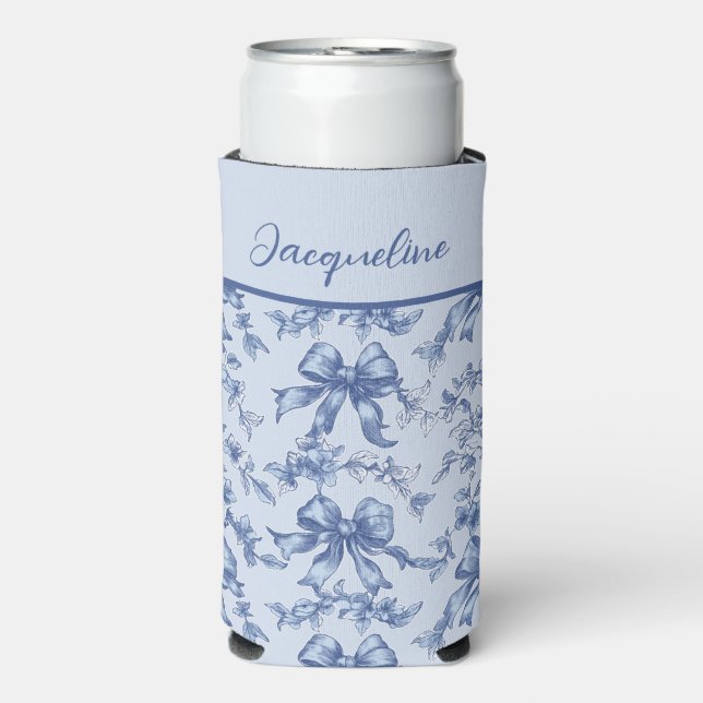 Coquette French Blue Toile Bride Bachelorette Seltzer Can Cooler (Seltzer Front)