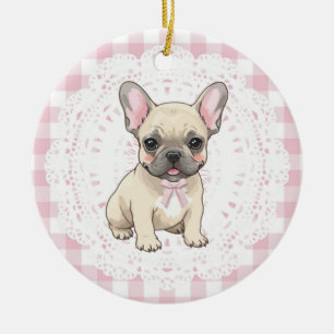 Coquette French Bulldog Dog Art Pink Gingham Bows Ceramic Tree Decoration