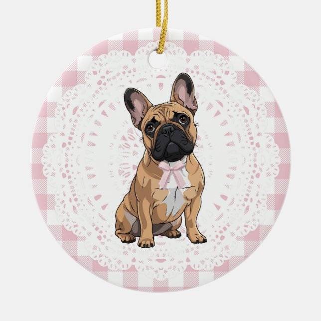 Coquette French Bulldog Dog Art Pink Gingham Bows Ceramic Tree Decoration (Front)