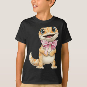 Coquette Gecko with Pink Ribbon Bow Funny Girls T-Shirt