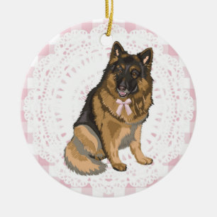 Coquette German Shepherd Dog Pink Gingham Bows Ceramic Tree Decoration