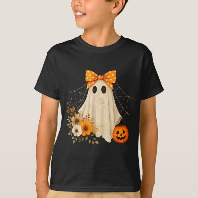 Coquette Ghost Halloween Flower Ghost Soky Lace Gh T-Shirt (Front)