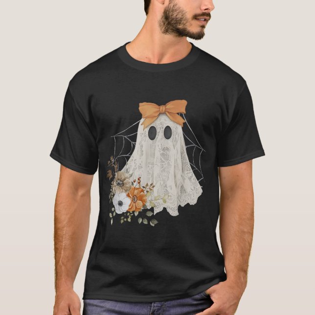 Coquette Ghost Halloween Flower Ghost Spooky Lace  T-Shirt (Front)