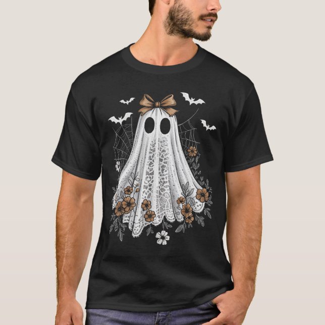 Coquette Ghost Halloween Flower Ghost Spooky Lace  T-Shirt (Front)
