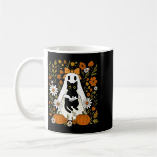 Coquette Ghost Holding Black Cat Autumn Pumpkin Coffee Mug