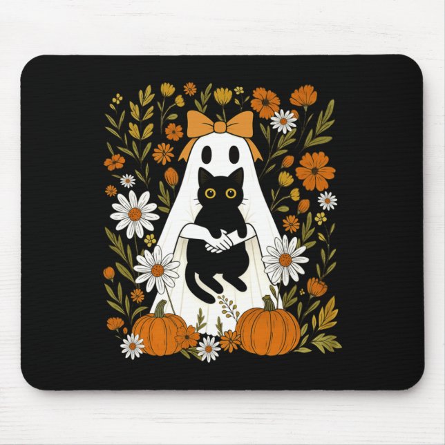 Coquette Ghost Holding Black Cat Autumn Pumpkin Mouse Mat (Front)