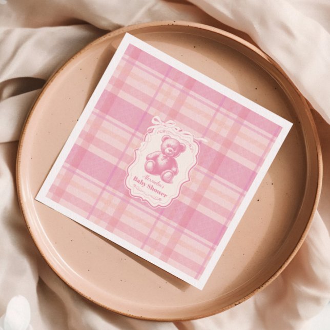 Coquette Gingham French Teddy Bear Baby Shower Napkin (Creator Uploaded)
