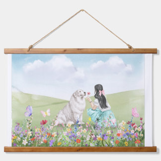 Coquette Girl and Dog Spring Meadow Tapestry