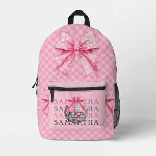 Coquette Girly Feminine Disco Ball Pink Plaid Bow Printed Backpack