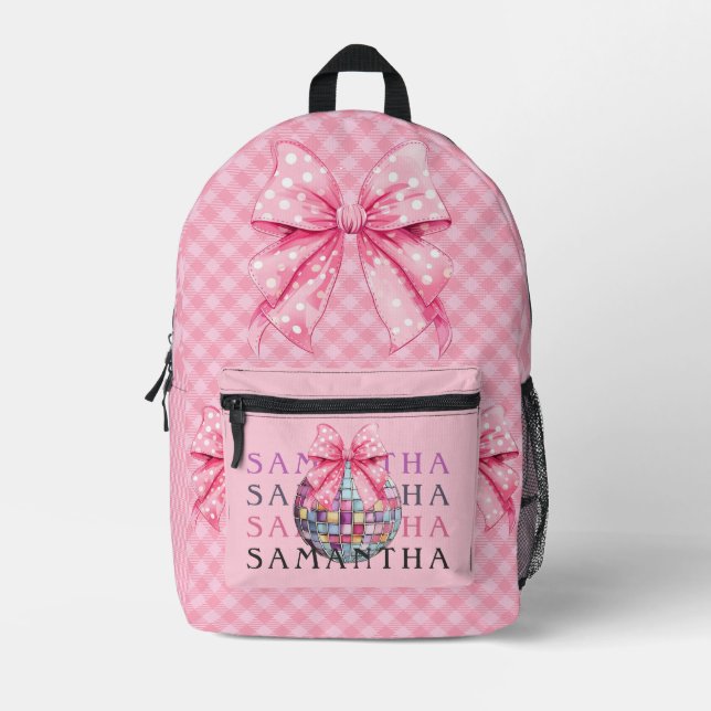 Coquette Girly Feminine Disco Ball Pink Plaid Bow Printed Backpack (Front)