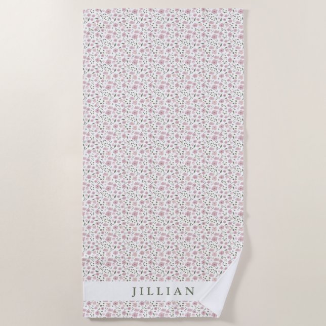 Coquette Girly Floral Pattern | Personalised Name  Beach Towel (Front)