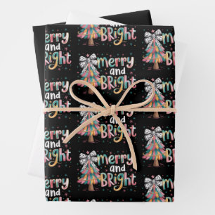 Coquette Glitter Christmas Tree Merry and Bright  Wrapping Paper Sheet