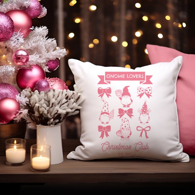 Coquette Gnome Lovers Christmas Club -Pink | White Cushion (Coquette Gnome Lovers Christmas Club Pink White Throw Pillow)