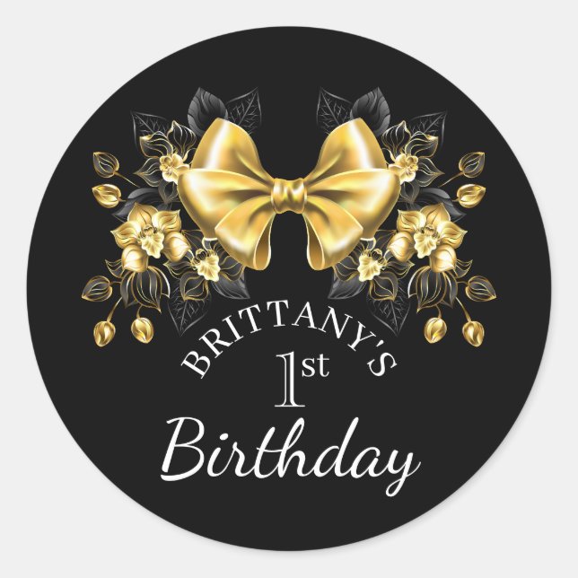 Coquette Gold Bow First Birthday Classic Classic Round Sticker (Front)