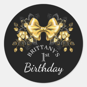 Coquette Gold Bow First Birthday Classic Round Sticker
