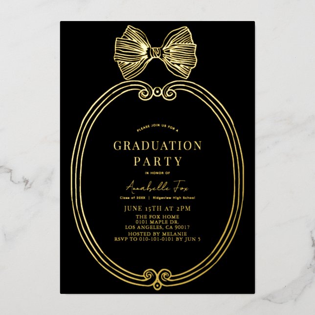 Coquette Gold Bow/Ribbon Black Graduation Party (Front)