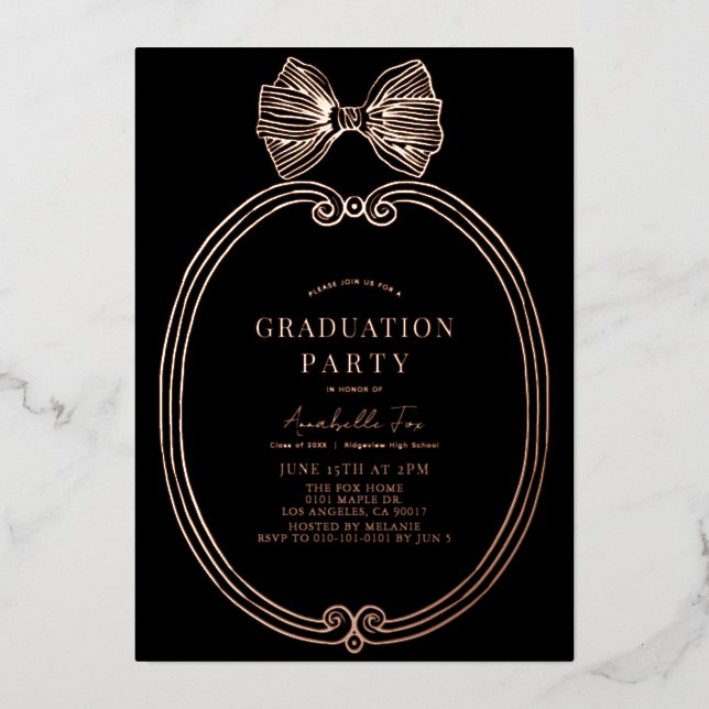 Coquette Gold Bow/Ribbon Black Graduation Party (Front)