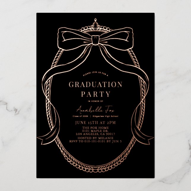 Coquette Gold Bow Ribbon Black Graduation Party (Front)