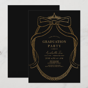Coquette Gold Bow Ribbon Black Graduation Party Invitation