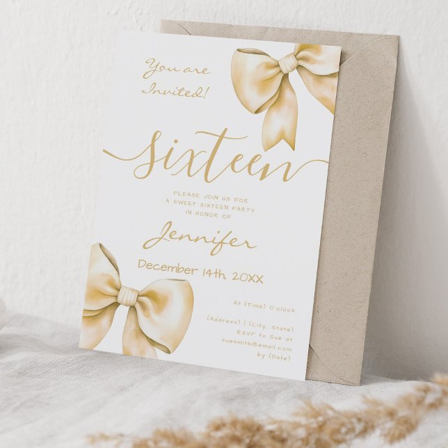 Coquette Gold Bow Sweet 16 Birthday Invitation (Coquette Gold Bow Sweet 16 Birthday Invitation)