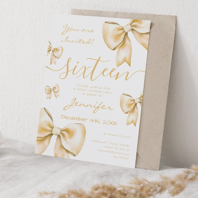 Coquette Gold Bow Sweet 16 Party  Invitation (Coquette Gold Bow Sweet 16 Party Invitation)
